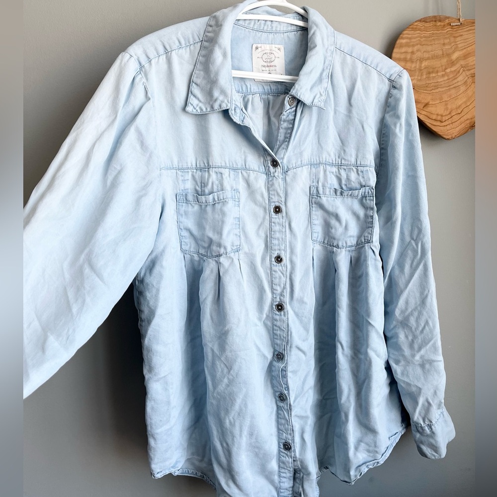 Flowy Chambray Button Down Blouse